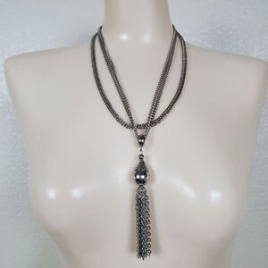 Vintage Silver Tone Metal Chain Multistrand Tassel Pendant Statement Necklace‎